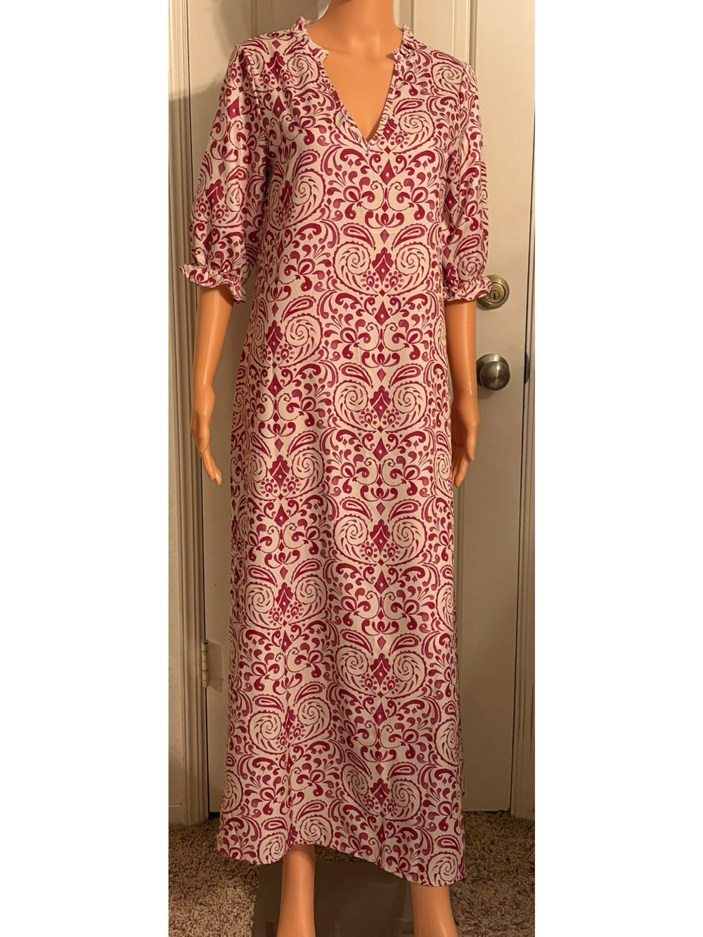NoraCora Cream Maxi Dress with Pink Scroll Print